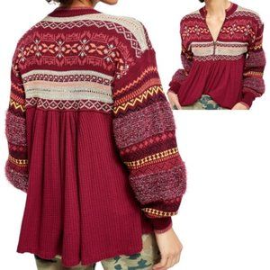 Free People Cabin Fever Embroidered Sweater Top Cozy Cottage Sweater Wine